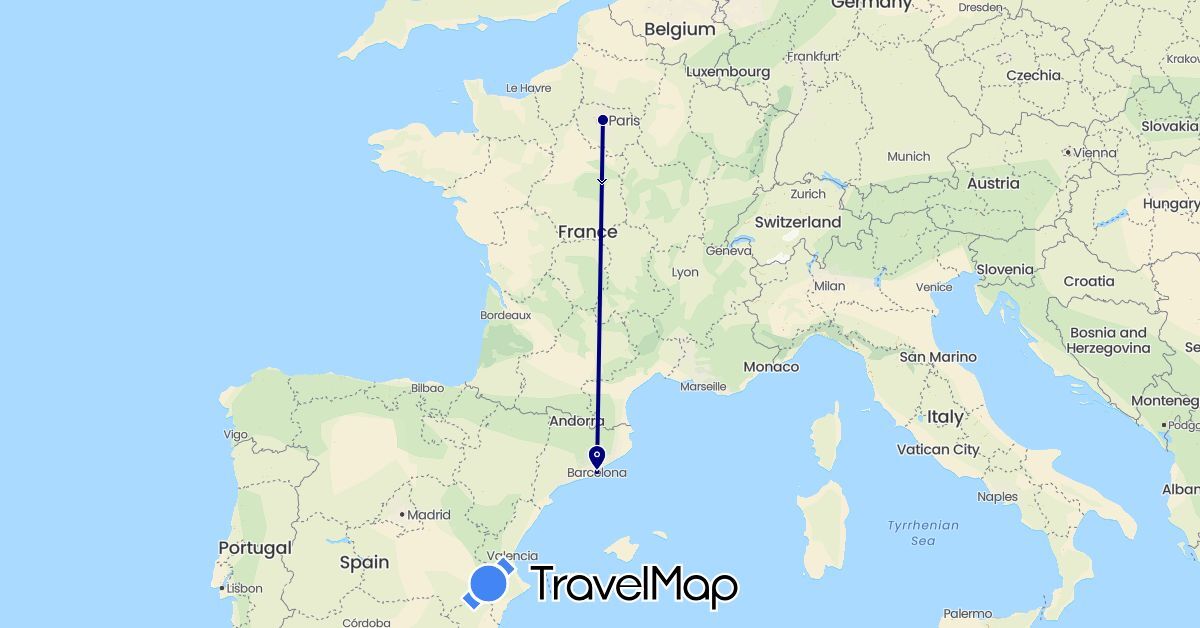 TravelMap itinerary: driving, plane in Spain, France (Europe)