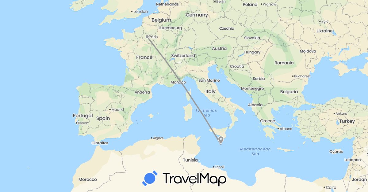 TravelMap itinerary: plane in France, Malta (Europe)